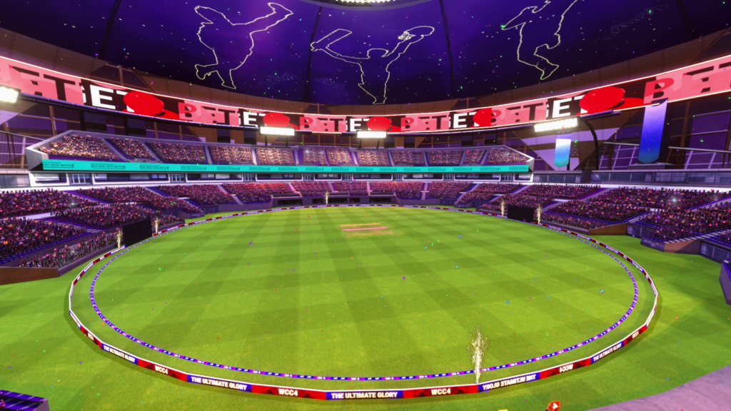 Concept-style stadium artwork used to represent World Cricket Championship 4, showing a large cricket ground with spectators.