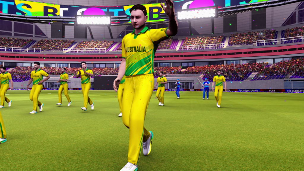 World Cricket Championship 4 gameplay-style image showing Australia players celebrating on the field inside a packed cricket stadium.