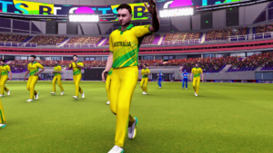 World Cricket Championship 4 gameplay-style image showing Australia players celebrating on the field inside a packed cricket stadium.