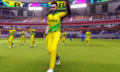 World Cricket Championship 4 gameplay-style image showing Australia players celebrating on the field inside a packed cricket stadium.