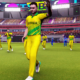 World Cricket Championship 4 gameplay-style image showing Australia players celebrating on the field inside a packed cricket stadium.